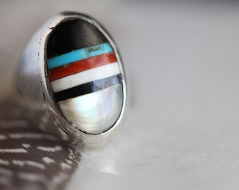 Old Pawn Heavy Zuni Mosaic inlay multi stone ring Native American turquoise Vintage Multi color Mens Sterling Silver Inlay heavy unisex ring