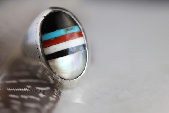 Old Pawn Heavy Zuni Mosaic inlay multi stone ring… - image 2