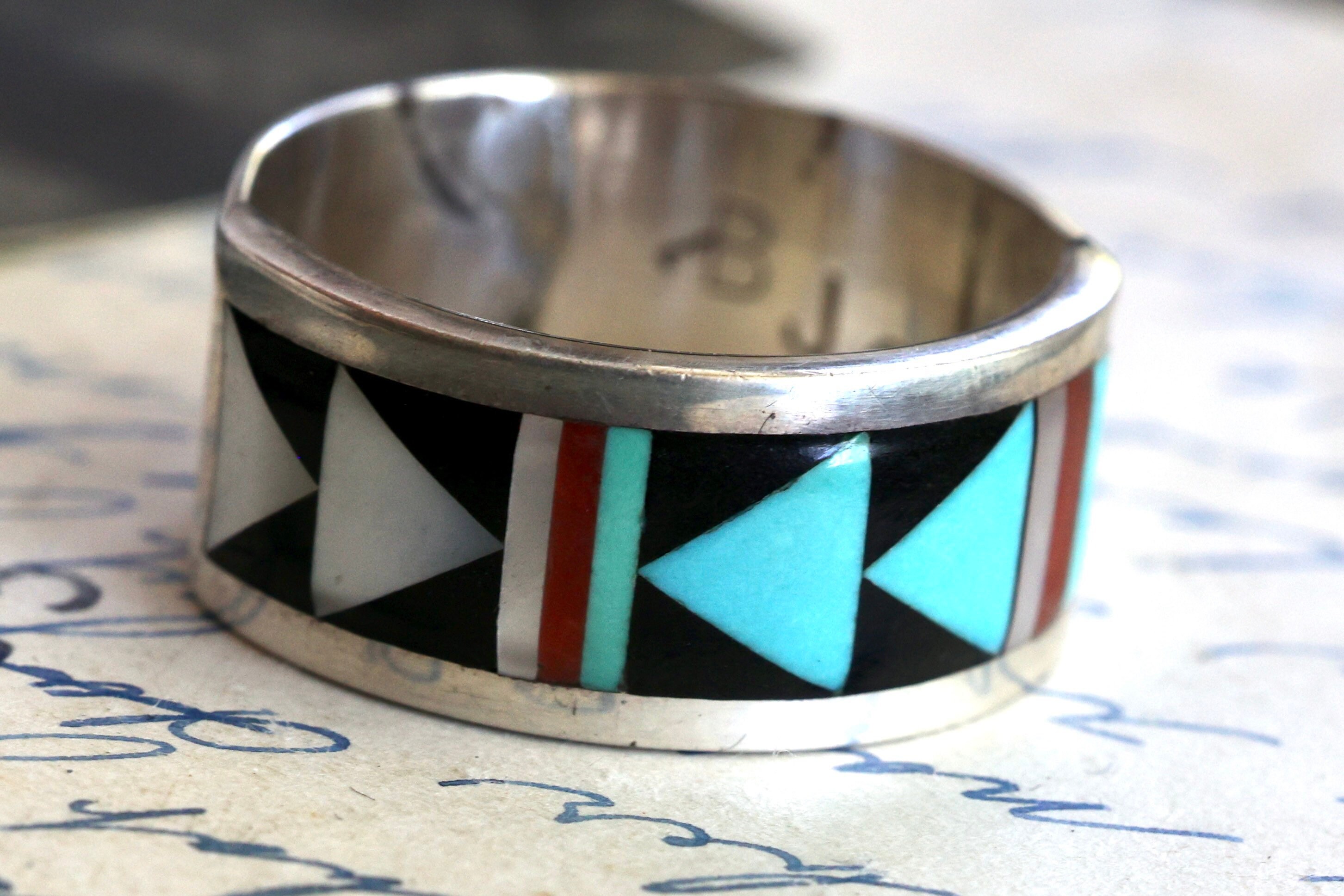 Vintage Zuni multi stone inlay ring mens Zuni inlay wide band ring ...