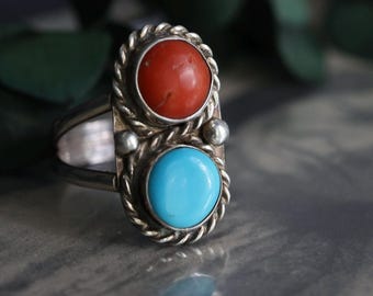 Old Pawn Navajo Turquoise Coral ring Double stone Twisted rope ring Vintage Native American unisex Sterling Silver coral turquoise Ring 8.75