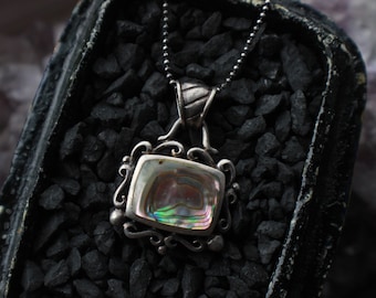 Vintage Bohemian Abalone Sterling Silver Rainbow Abalone Shell Pendant on 16” Sterling Chain Necklace