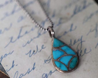 Vintage Zuni Turquoise Inlay Teardrop Pendant Necklace • Sterling Silver Southwest Jewelry • Channel Inlay Fish Scale Design • mid century