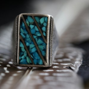 Huge Old Pawn Crushed Turquoise Channel inlay Navajo Turquoise Ring  Rectangular Flush inlay Mens Unisex Heavy Wide Band ring sz 8.25