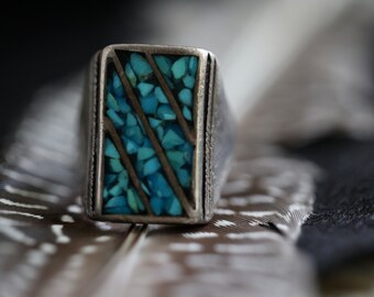 Huge Old Pawn Crushed Turquoise Channel inlay Navajo Turquoise Ring  Rectangular Flush inlay Mens Unisex Heavy Wide Band ring sz 8.25