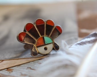 Gorgeous multicolor Vintage Sterling Silver Native American Southwestern Zuni Multi-Stone Inlay Sunface God Ring Sz 3.5