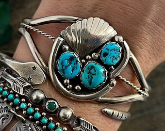 Vintage Old Pawn Navajo Turquoise fan cluster cuff bracelet Vtg navajo sterling Kingman turquoise Native American cluster Cuff Bracelet