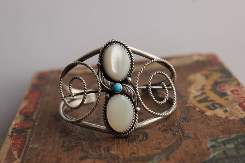 Rad Old Pawn Navajo Twisted Rope Double Stone Mother of Pearl and Turquoise Feather Blossom Scroll Cuff Bracelet By Gerald Mitchell