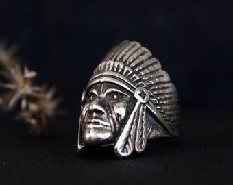 Awesome Vintage G&S Stainless 1985 Indian Chief Native American Biker Ring sz 10