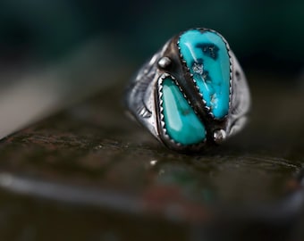 Vintage Navajo Turquoise Cigar Band Ring | Old Pawn Sterling Silver Double Stone Signet | Hand Stamped Unisex Native Ring Sz 10.25