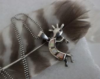 Vintage Zuni Created opal and Amethyst Kokopelli Pendant Sterling Silver Native American Flute Player Southwestern pendant Necklace