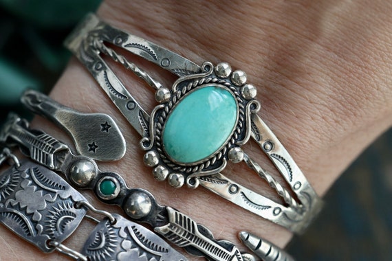 Vintage Old Pawn Fred Harvey Era Turquoise Stampe… - image 1