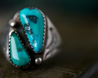 Vintage Navajo Turquoise Cigar Band Ring | Old Pawn Sterling Silver Double Stone Signet | Hand Stamped Unisex Native Ring Sz 10.25