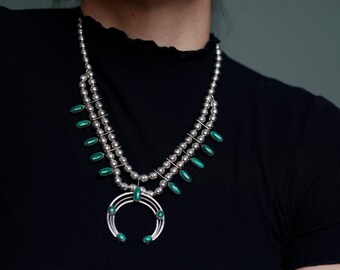 Vintage Navajo Squash Blossom Necklace green malachite Native American squash blossom Necklace malachite squash blossom