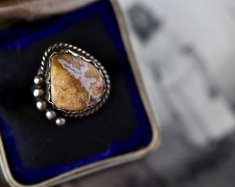 Vintage Navajo Sterling Silver Ring Crazy Lace Agate Druzy Sz 5.5 Triple Split Shank Old Pawn Style Teardrop Boho Southwest Jewelry