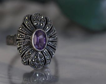 Vintage Sterling Silver Faceted Amethyst Marcasite Ring Size 7 | Oval Cut Purple Stone Statement Cocktail Ring Art Deco Style Jewelry