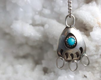 Vintage Navajo Turquoise Shadowbox bear Paw Pendant Sterling Silver Native American Southwestern Turquoise on 16” Sterling Necklace