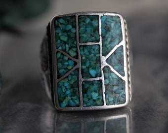 Huge Old Pawn Crushed Turquoise Channel inlay Navajo Turquoise Ring Stamped Rectangular Flush inlay Mens Unisex Heavy Wide Band ring sz 11