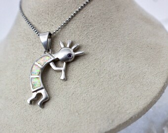 Vintage Zuni Created opal and Amethyst Kokopelli Pendant Sterling Silver Native American Flute Player Southwestern pendant Necklace