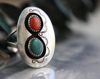 Vintage Navajo Turquoise coral Shadowbox Ring Native American Sterling Silver Double stone turquoise hand stamped puffy Shadowbox ring 7.5