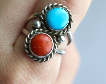 Old Pawn Navajo Turquoise Coral ring Double stone Twisted rope ring Vintage Native American unisex Sterling Silver coral turquoise Ring 8.75