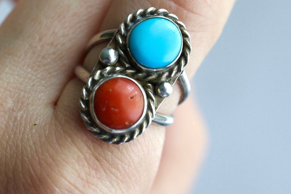 Old Pawn Navajo Turquoise Coral ring Double stone… - image 1