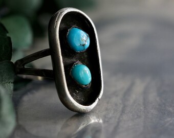 Vintage Navajo Turquoise Shadowbox Ring Native American Sterling Silver Double stone Turquoise Elongated old pawn turquoise Shadowbox sz 7