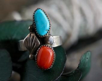 Vintage Navajo Turquoise + Coral Ring Native American Sterling Silver double stone turquoise and red coral feather Ring southwestern Sz 5.25