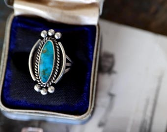 Vintage Fred Harvey Era Navajo Turquoise Ring | Elongated Navette Shape | Sterling Silver Split Shank | Size 7 Southwest Boho Gem