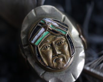 Mexican Biker Ring Vintage 1940s Mexico Souvenir Ring Heavy Aztec Warrior Mayan Chief momento Mori mexico sultan turban enamel biker ring