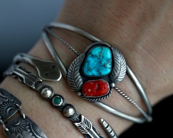 Vintage Navajo Turquoise and Coral squash blossom Feather Cuff Native American Sterling silver bracelet red coral Turquoise Cuff Bracelet