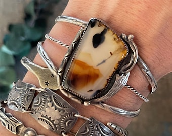 Vintage Navajo Dendritic Agate Cuff | Sterling Silver Feather Appliqué | VF Signed | Old Pawn Landscape Stone Bracelet | Collector Jewelry