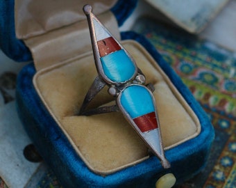 Beautiful multicolor Old Pawn Vintage Zuni Elongated Multi Stone Mosaic Flush inlay Double Teardrop ring sz 8.25