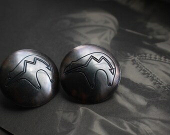 Vintage Navajo Spirit Line Bear Hand Stamped Sterling Silver Concho Post Earrings Native American Southwestern Bear Concho earrings