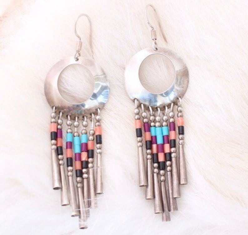 Huge Vintage Native American Sterling Silver Navajo Multi-stone Fringe Concho Dangle Southwestern Earrings