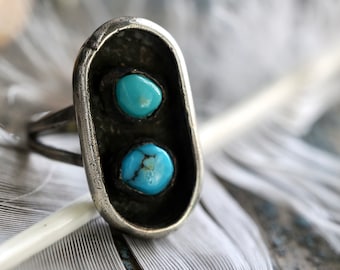 Vintage Navajo Turquoise Shadowbox Ring Native American Sterling Silver Double stone Turquoise Elongated old pawn turquoise Shadowbox sz 7