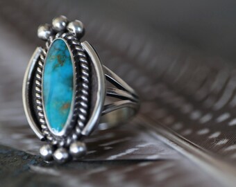 Vintage Fred Harvey Era Navajo Turquoise Ring | Elongated Navette Shape | Sterling Silver Split Shank | Size 7 Southwest Boho Gem