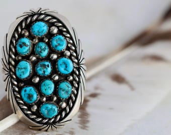 Vintage HUGE Navajo Turquoise Cluster Ring Kingman turquoise Petit point ring Turquoise Ring Southwestern Sterling Silver Native American