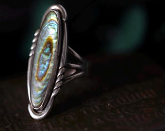 Vintage 1940s Fred Harvey Era Abalone Ring | Sterling Silver Navette Shell Ring | Triple Split Shank Statement Ring Sz 6.75 Southwest