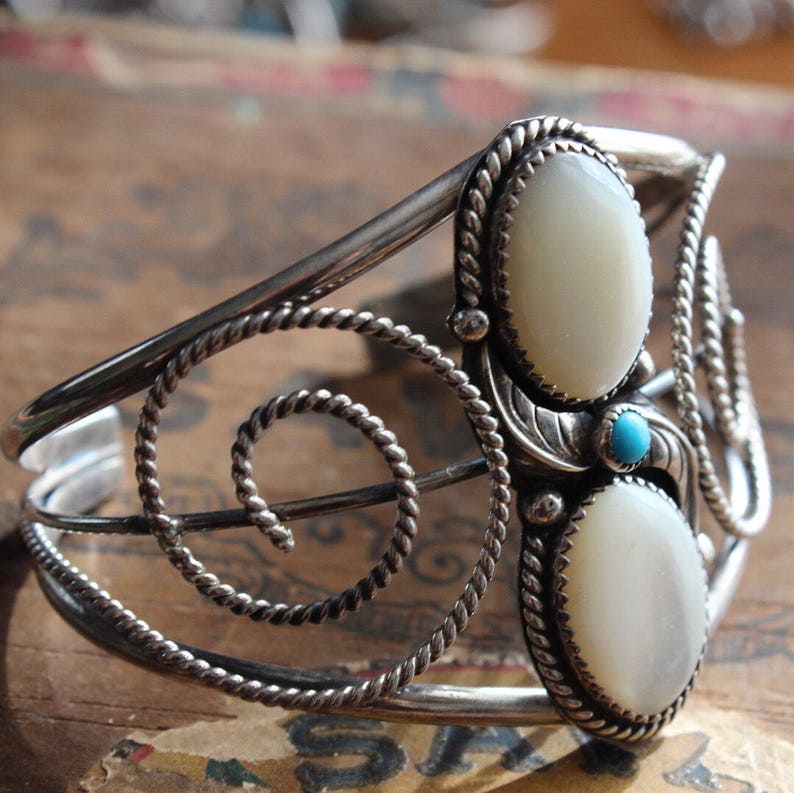 Rad Old Pawn Navajo Twisted Rope Double Stone Mother of Pearl and Turquoise Feather Blossom Scroll Cuff Bracelet By Gerald Mitchell