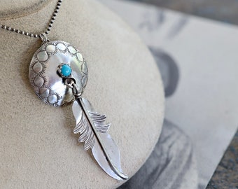 Vintage Navajo Sterling Silver Concho Feather Necklace Southwestern Silver Concho Dream Catcher Turquoise Native American pendant Necklace