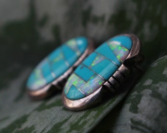 Vintage Zuni Turquoise and Opal Mosaic Inlay  Earrings Vintage Native American Sterling Silver Channel Inlay Turquoise Opal Post Earrings