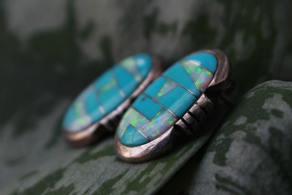 Vintage Zuni Turquoise and Opal Mosaic Inlay  Ear… - image 1
