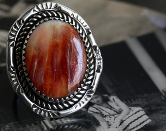 Vintage Navajo Orange Spiny Oyster Ring Sterling Silver huge rare spiny oyster ring Southwestern Ring Native American spiny oyster Ring 8.5