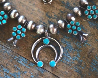 Vintage Turquoise Squash Blossom Necklace | Zuni Sterling Silver Statement | Fred Harvey Era Boho Southwest Jewelry | Snake Eye Cluster