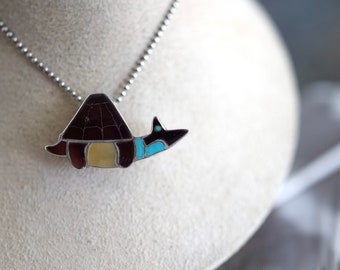 Vintage Zuni Multi Stone inlay Tortoise Pendant Necklace Native American Turtle Pin Pendant Brooch on 16” Sterling Silver Etsate Necklace