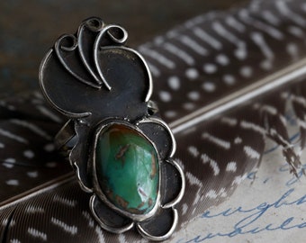 Vintage Navajo Royston Turquoise Ring Large Southwestern Early Native American Elongated Sterling Silver Turquoise Flower Ring Sz 6.5