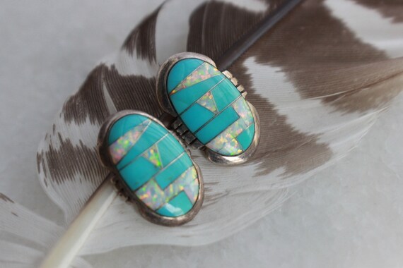 Vintage Zuni Turquoise and Opal Mosaic Inlay  Ear… - image 3