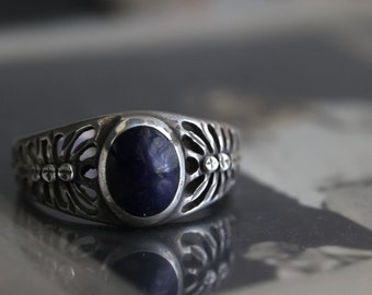 Vintage Sterling Mid Century Lattice band Lapis Ring Southwestern Sterling Silver Art Deco lattice band Blue lapis azuli Ring Sz 4