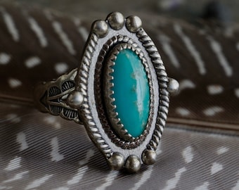 Fred Harvey Era Turquoise Ring Old Pawn Native American vintage Turquoise Ring sterling silver Elongated Arrow stamped Ring Sz 5