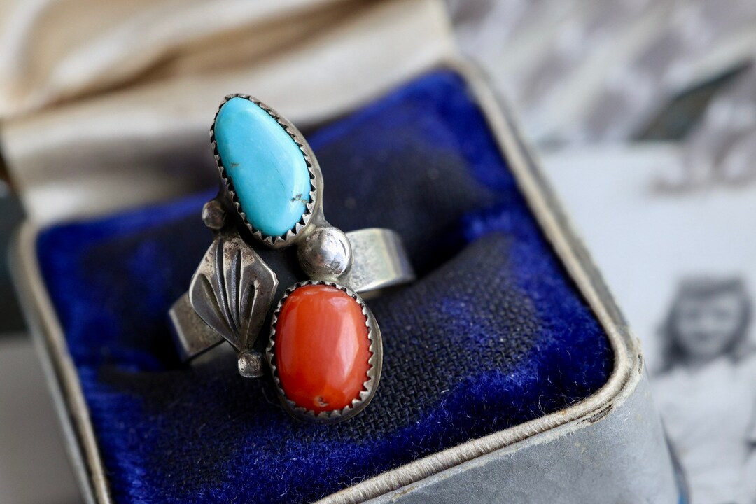 Vintage Navajo Turquoise + Coral Ring Native American Sterling Silver ...
